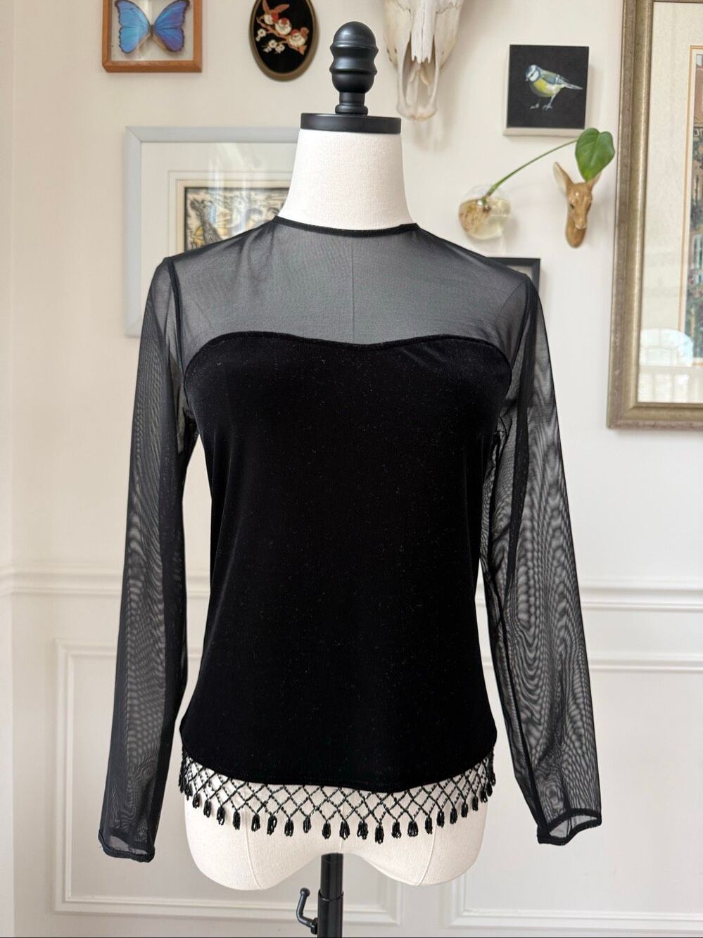 Xscape Illusion Neck Long Sleeve Black Velvet Top Beaded Fringe M